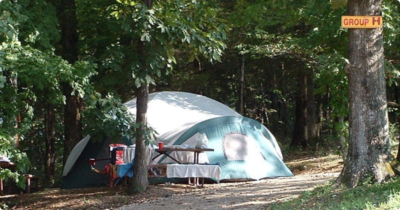 A tent is pitched in a wooded area beside a dirt path