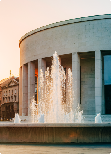 A large building stands prominently