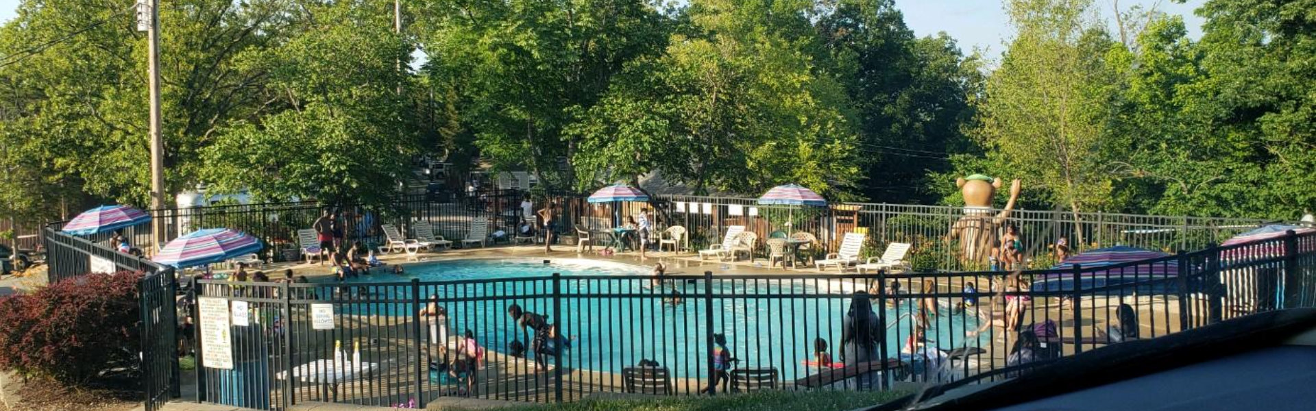 A swimming pool filled with people